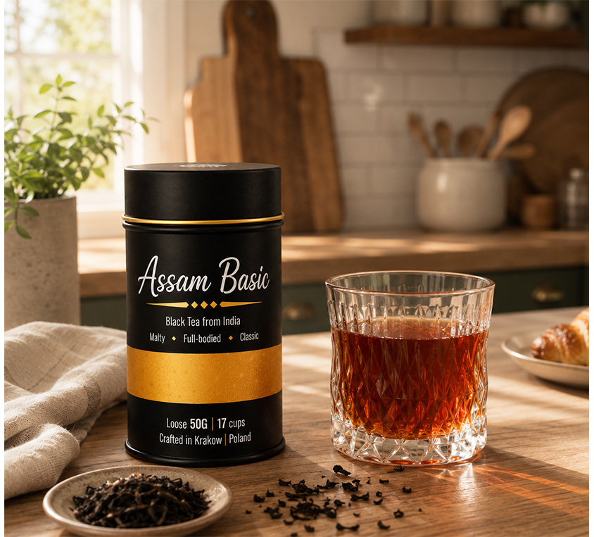 Assam Basic Leo Tea w metalowej obłej puszce z przykrywka na prezent